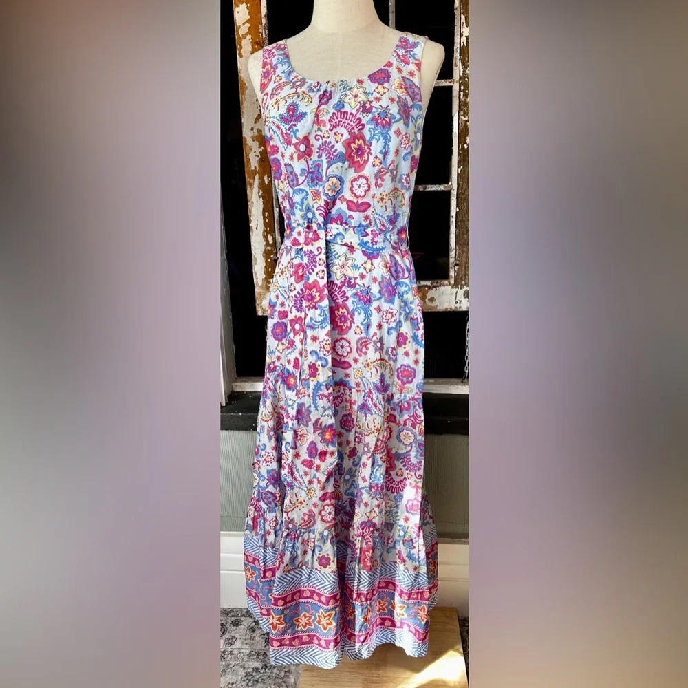 Talbots 2 Petite Floral Cotton Maxi Dress Sleeveless Scoop Neck Belted - Picture 2 of 8